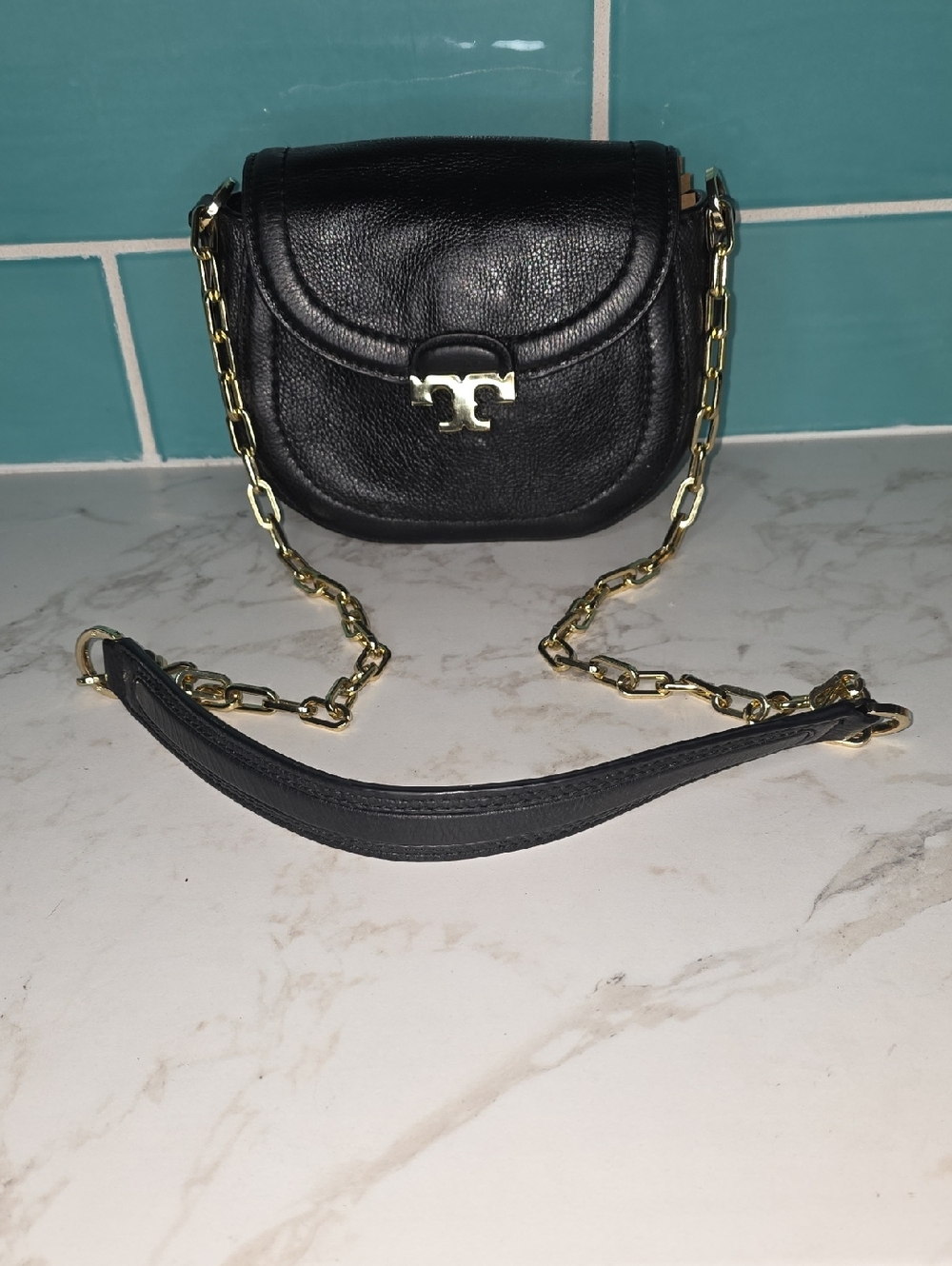 Tory Burch Black Sammy Leather Crossbody with Gold Chain